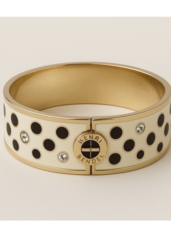 henri bendel Jewelry - HENRI BENDEL Cream & Brown Polka Dot Gold-Tone Hinged Bangle Bracelet NWOT